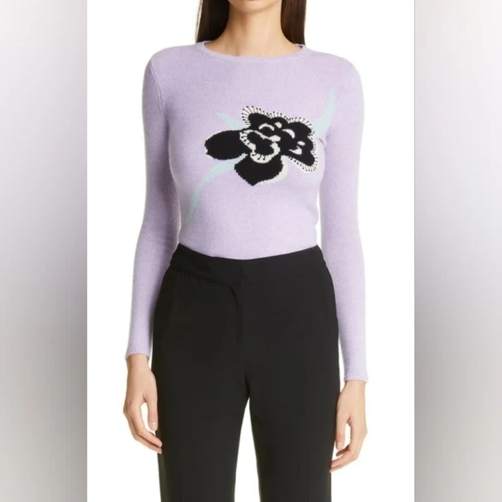 St. John Lilac Purple Floral Intarsia 100% Cashmere Crewneck Sweater Designer